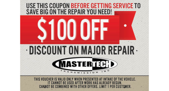 $100 off coupon for major transmission repair work at Wichita's Mastertech auto shop